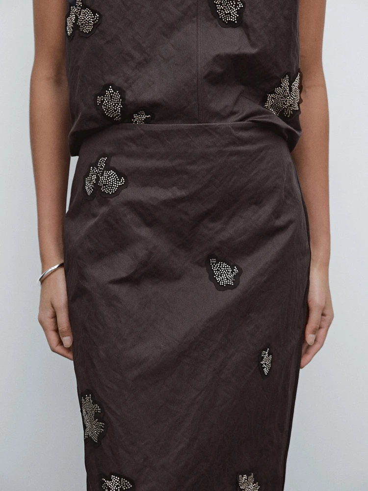 Cotton blend rhinestone midi skirt