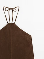 Suede leather halter mini dress