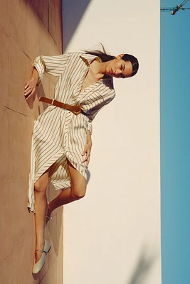 STRIPED BELTED MIDI DRESS