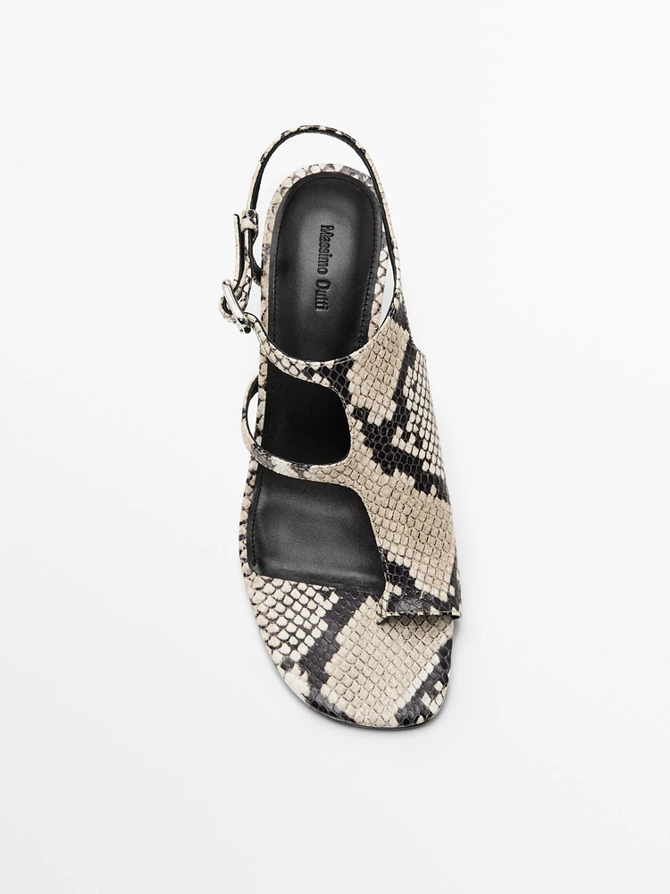 Asymmetric printed high-heel sandals
