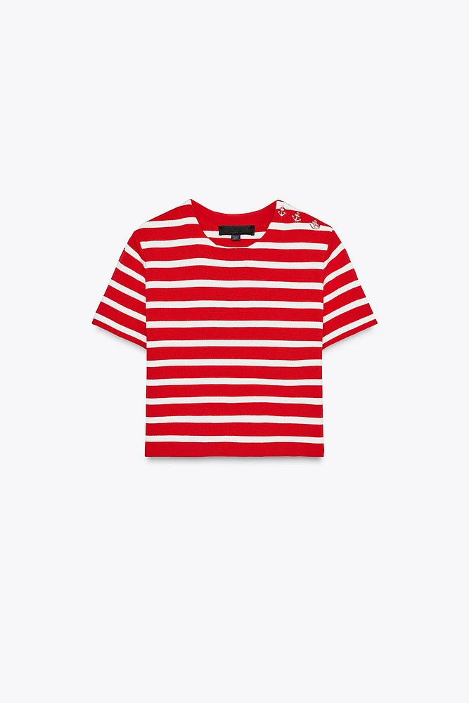 STRIPED KNIT SHORT SLEEVE TOP