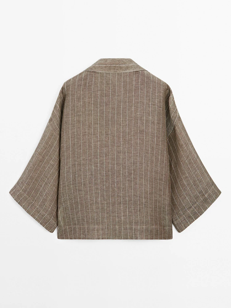 Striped linen open neck blouse