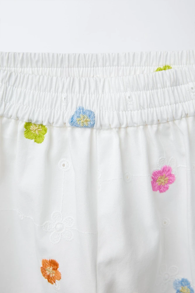 EMBROIDERED FLORAL POPLIN PANTS