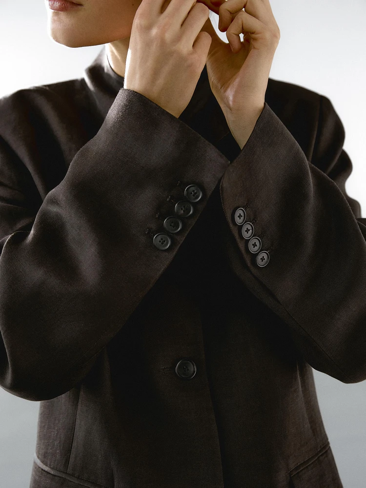 Linen blend high neck blazer
