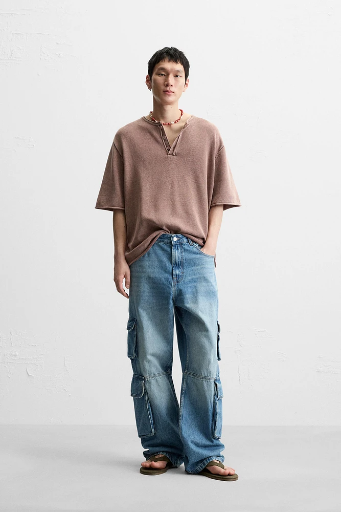 WASHED KNIT BUTTON-UP T-SHIRT