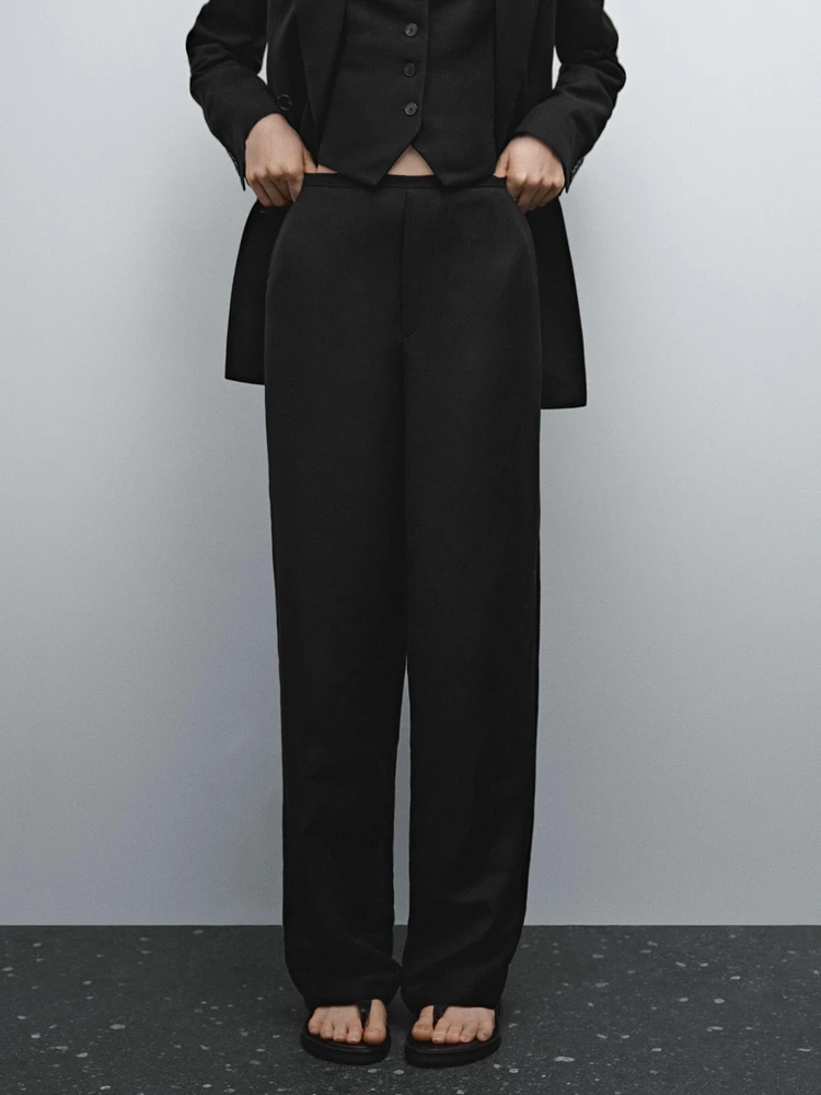Straight fit flowing linen blend trousers