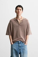 WASHED KNIT BUTTON-UP T-SHIRT