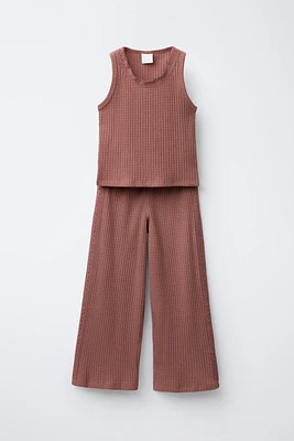 LACE TRIM RIBBED WIDE LEG T-SHIRT AND PANTS SET
