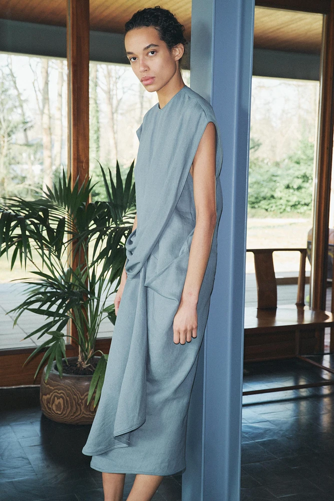 LINEN BLEND DRAPED DRESS ZW COLLECTION
