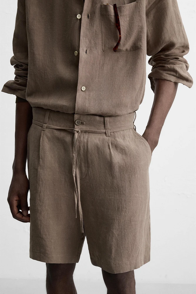 100% LINEN BELTED BERMUDA SHORTS