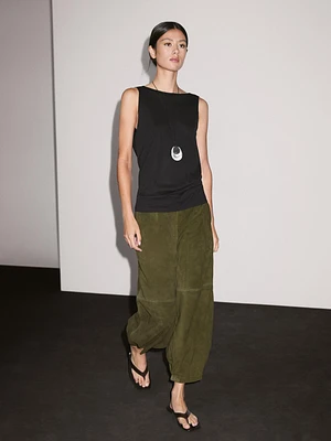 Pantalon balloon en cuir finition daim