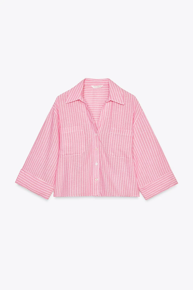CHEMISE COURTE À RAYURES AVEC LIN