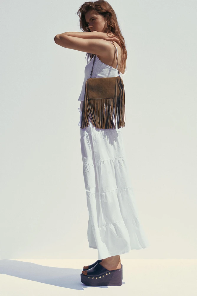 FRINGED SPLIT LEATHER MINI CROSSBODY BAG