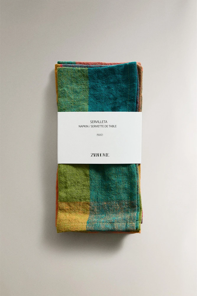 LOT SERVIETTES DE TABLE EN LIN À CARREAUX MULTICOLORES