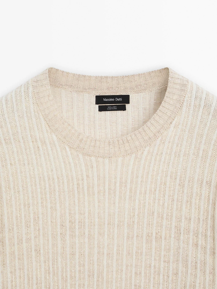 100% linen ribbed crew neck sweater
