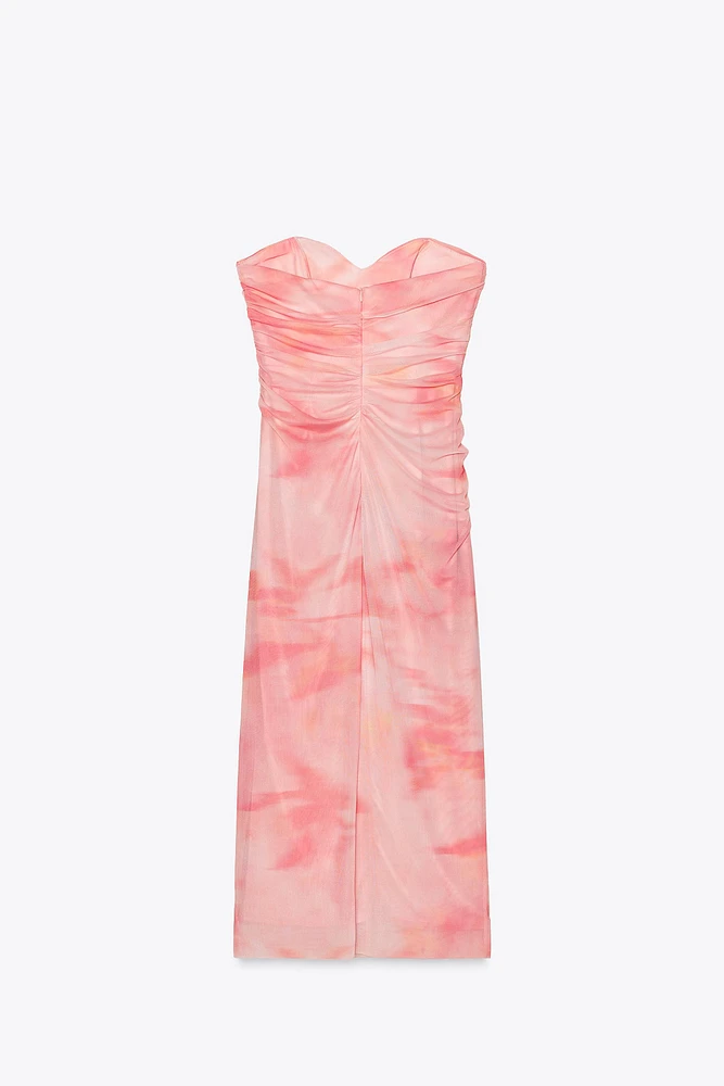 STRAPLESS PRINTED TULLE DRESS