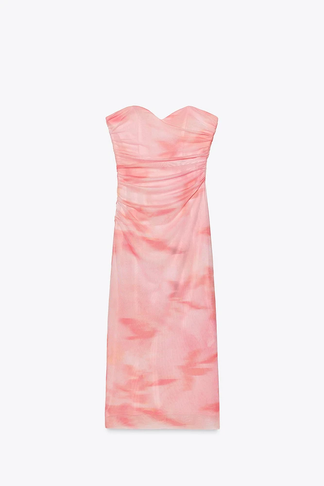 STRAPLESS PRINTED TULLE DRESS