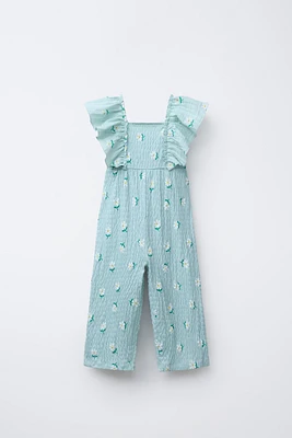LONG TEXTURED RUFFLE JUMPSUIT