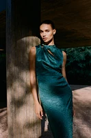 GOLD APPLIQUÉ SATIN MIDI DRESS
