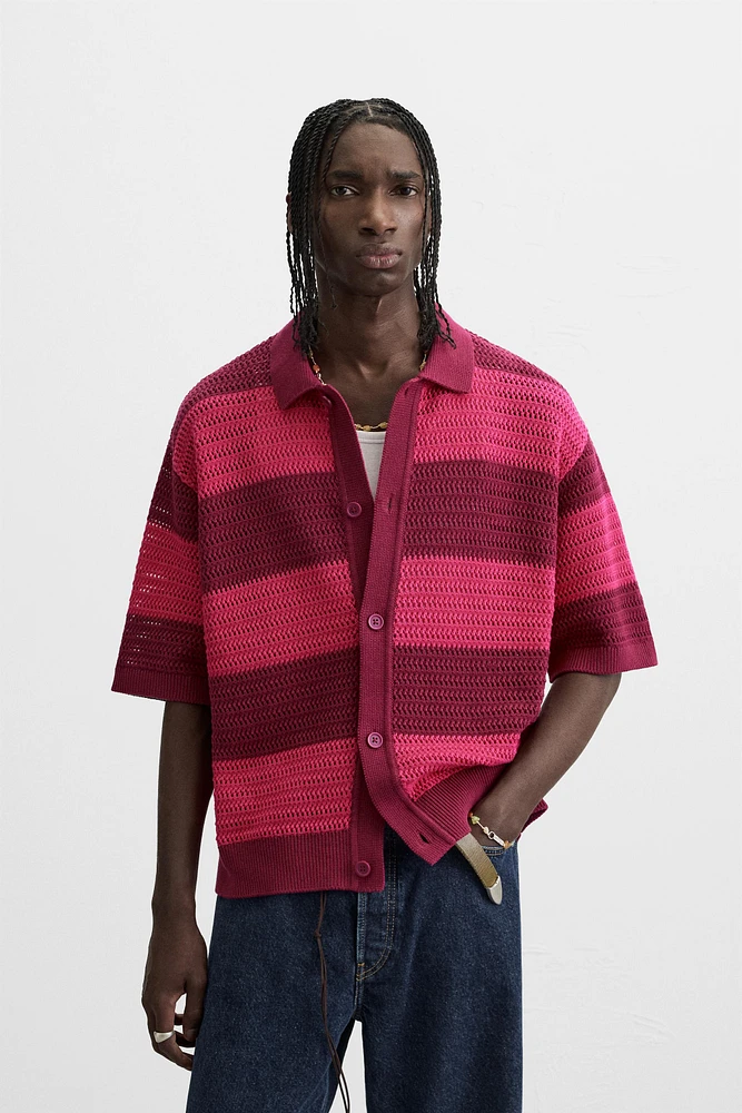 STRIPED OPEN KNIT SHIRT