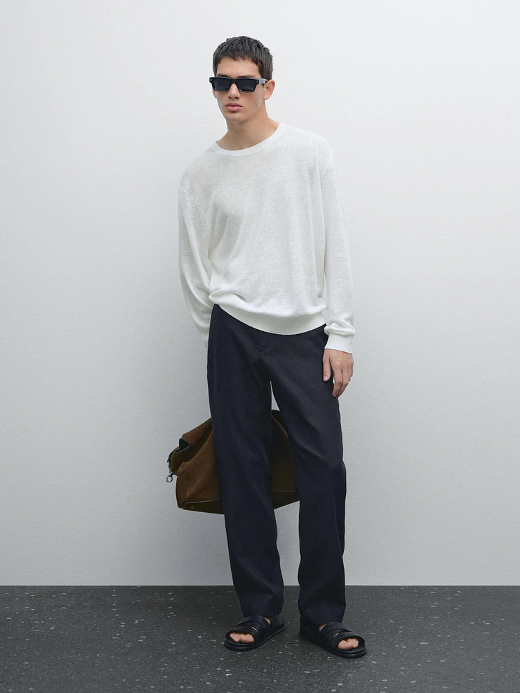 Pantalon regular fit 100 % lin