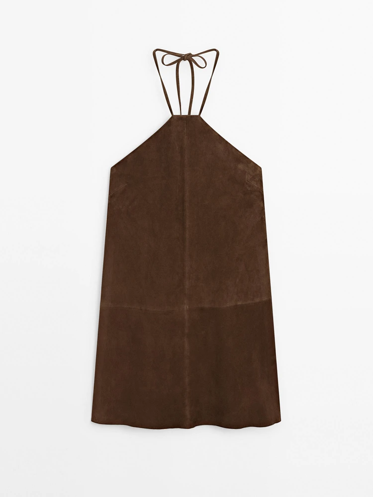 Suede leather halter mini dress