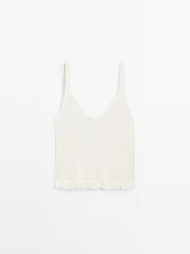 100% linen top with ruffled hem