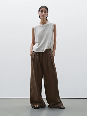 Pantalon wide leg 100 % lin