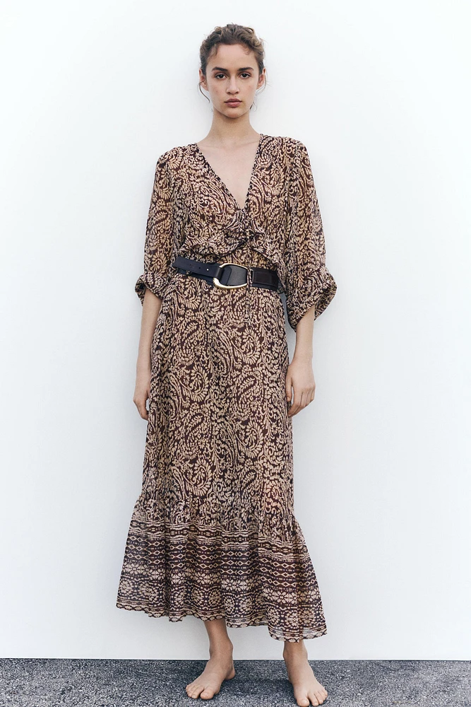 RUFFLED PRINT MIDI DRESS