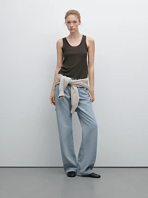 Contrast leather trimmed strappy top
