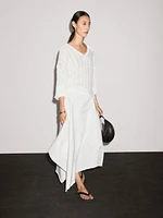Asymmetric denim midi skirt