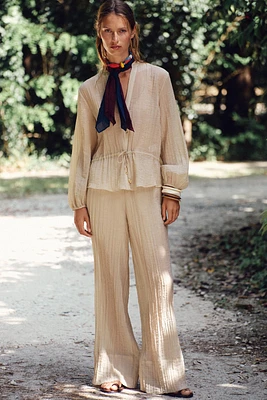 WRINKLED EFFECT SEMI-SHEER WIDE LEG PANTS