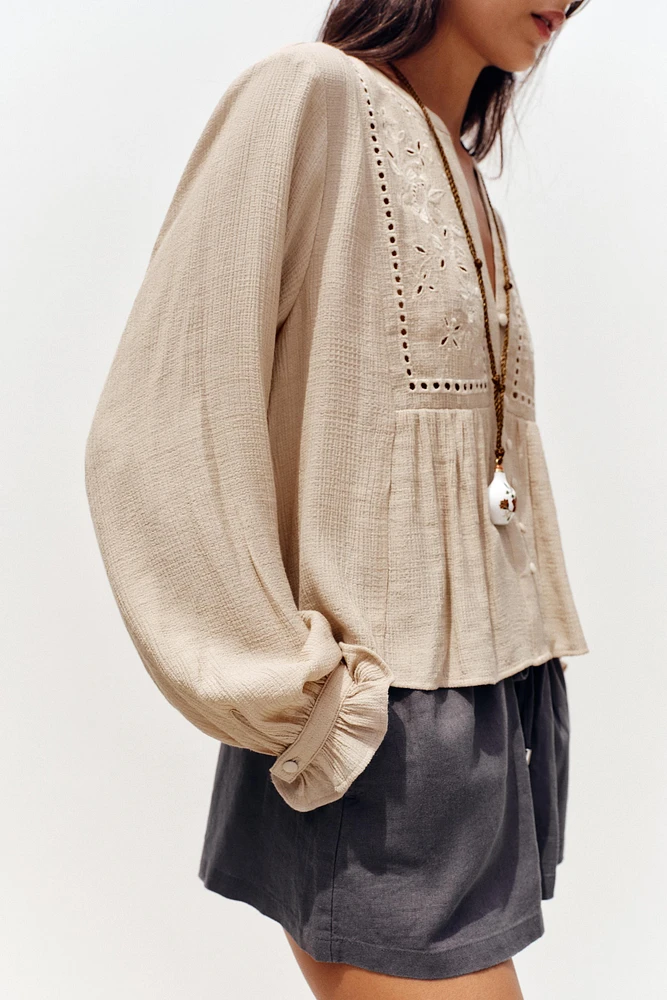 SHORT EMBROIDERED EYELET BLOUSE