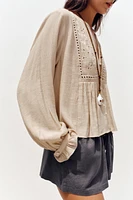 SHORT EMBROIDERED EYELET BLOUSE