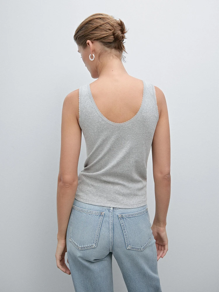 Cotton blend top with blonde lace detail