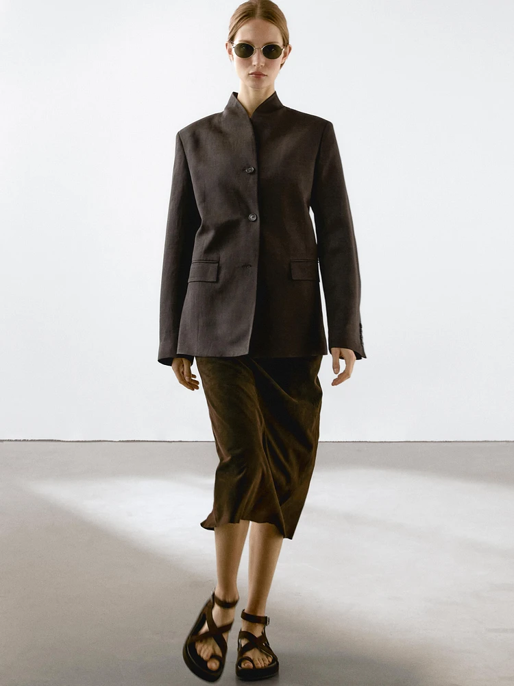 Linen blend high neck blazer
