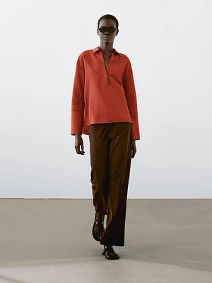 Blouse à col polo lin mélangé