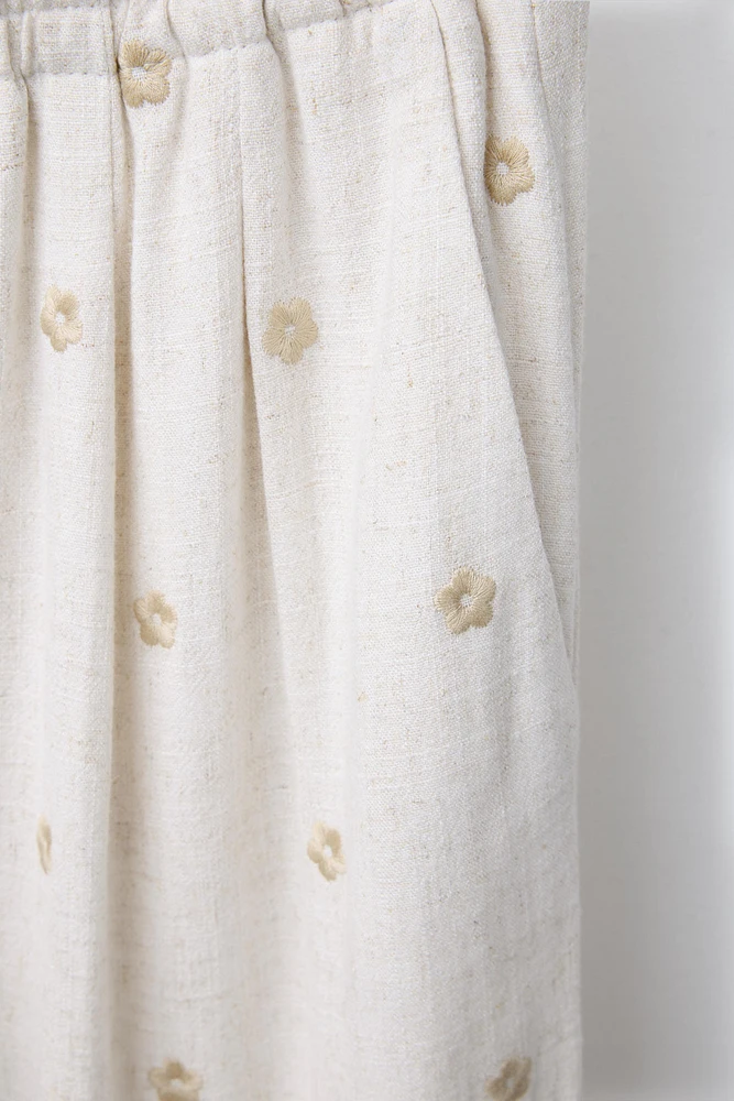 EMBROIDERED FLORAL WIDE LEG LINEN PANTS