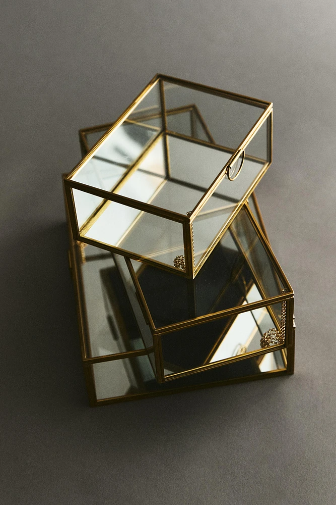 GLASS JEWELRY BOX WITH METAL BORDER