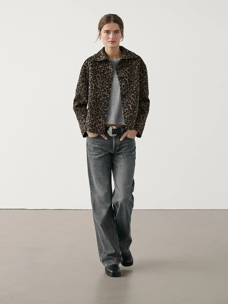 Cropped wool blend animal print jacket