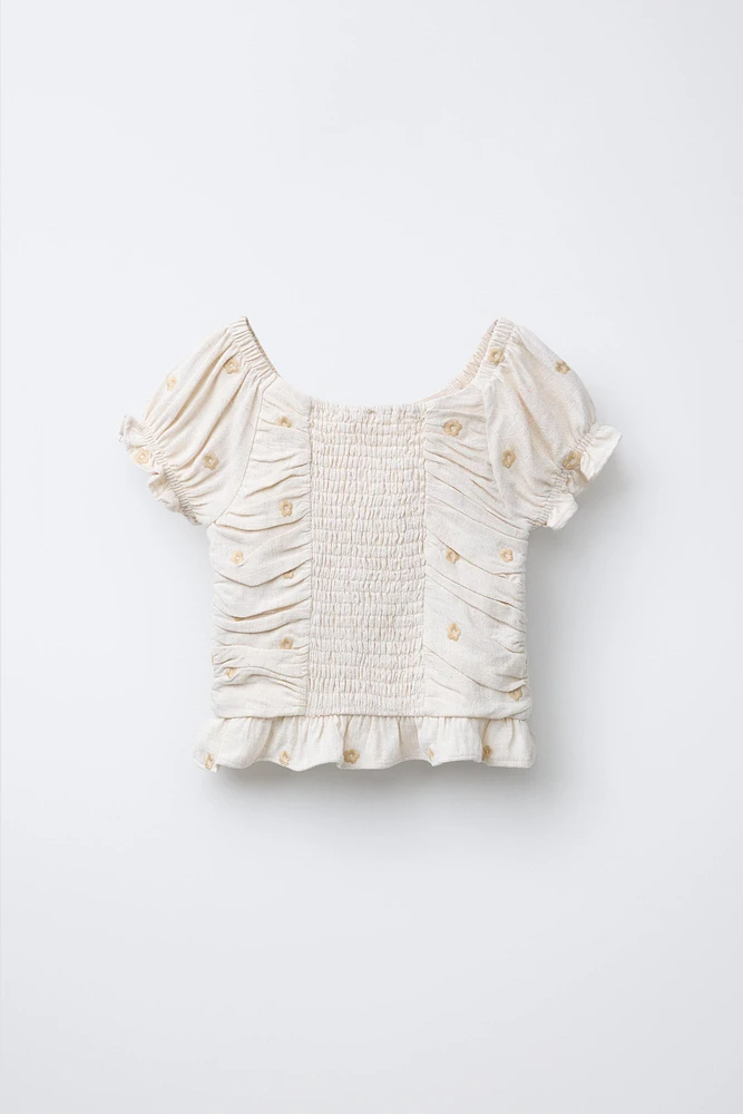 LINEN EMBROIDERED FLOWER RUCHED TOP