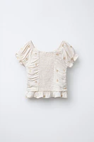 LINEN EMBROIDERED FLOWER RUCHED TOP