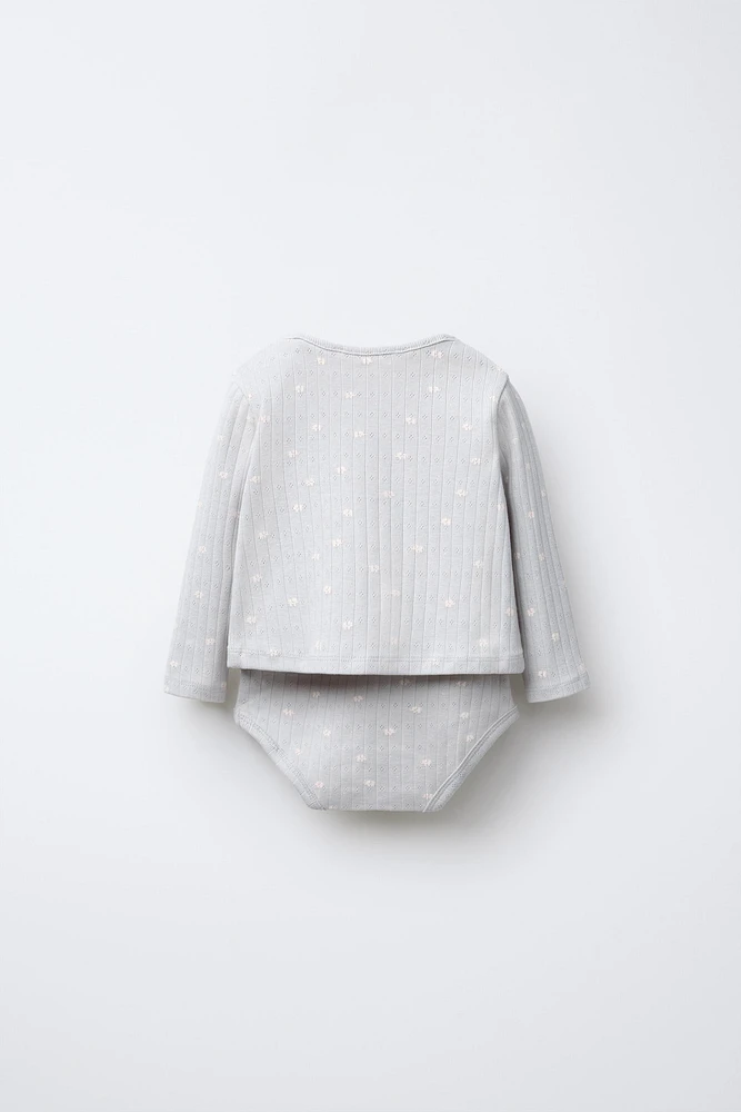 POINTELLE PRINT BODYSUIT AND JACKET SET