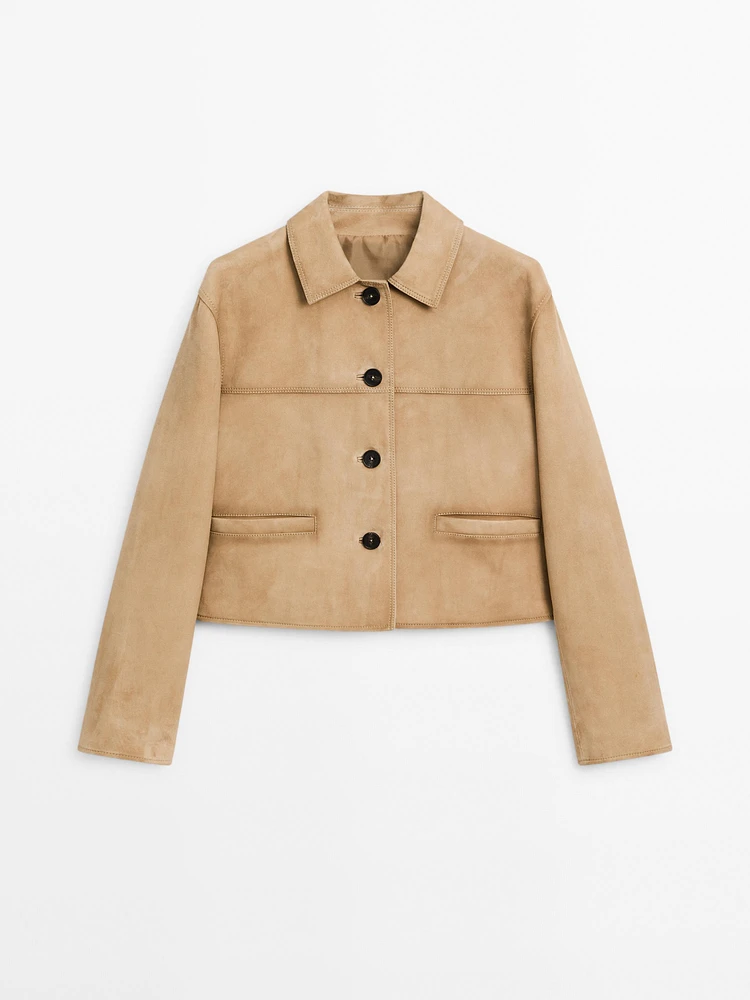 Veste courte à surpiqûres en cuir effet daim
