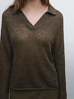 100% linen knit polo collar sweater
