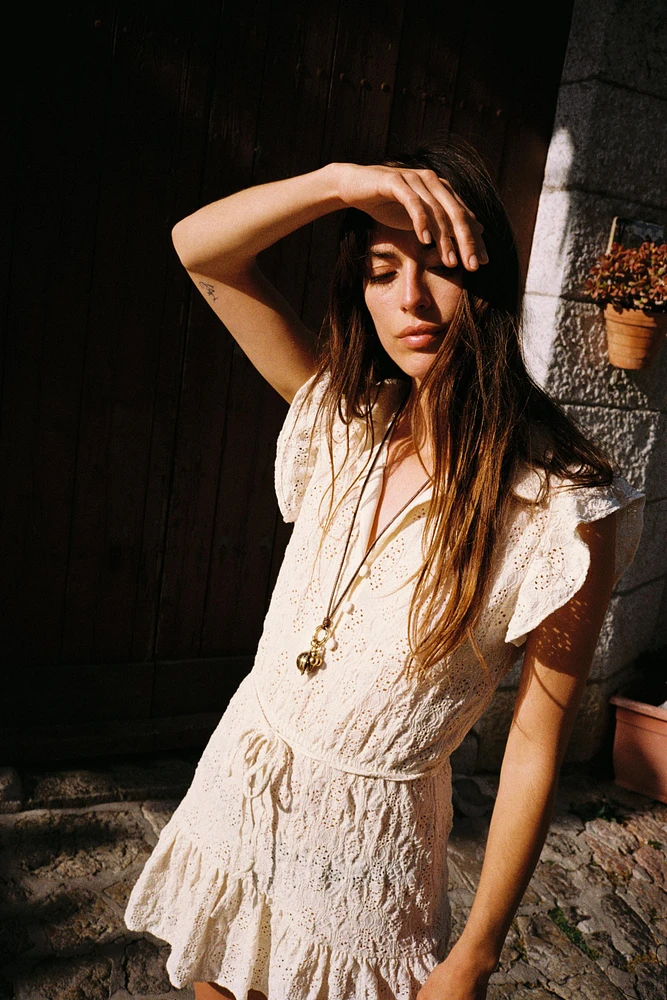 EMBROIDERED BELTED DRESS
