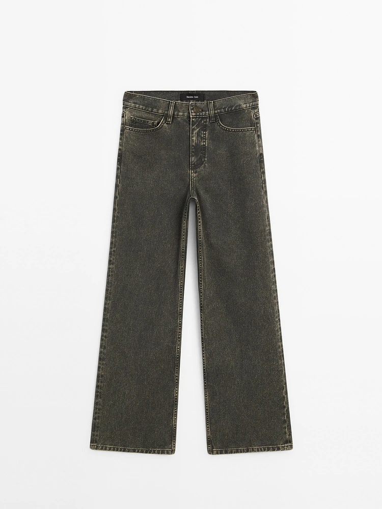 Pantalon wide coated denim look en coton