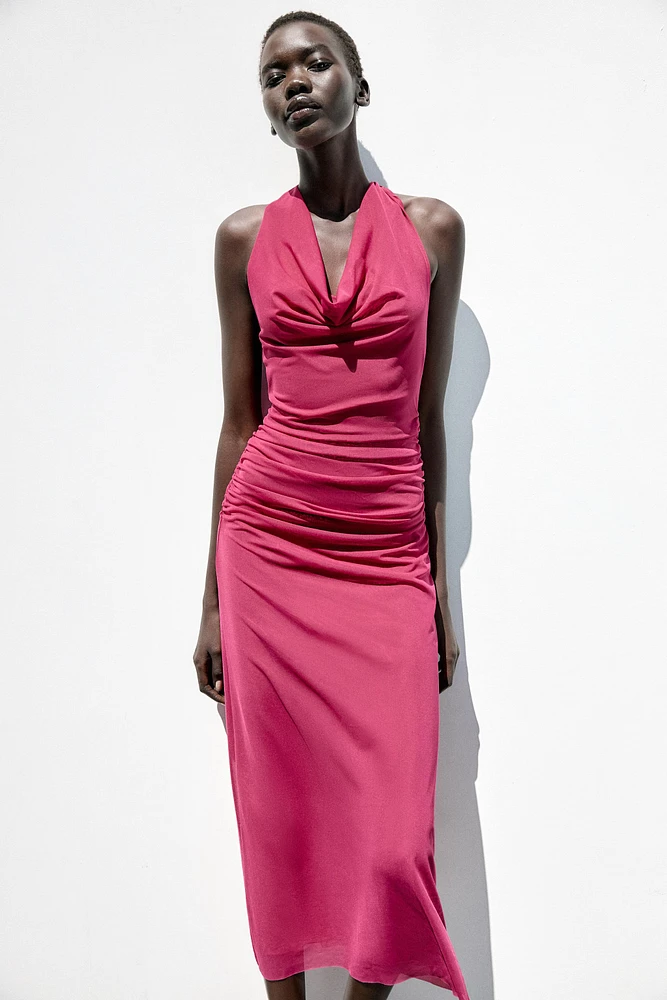 DRAPED HALTER TULLE DRESS