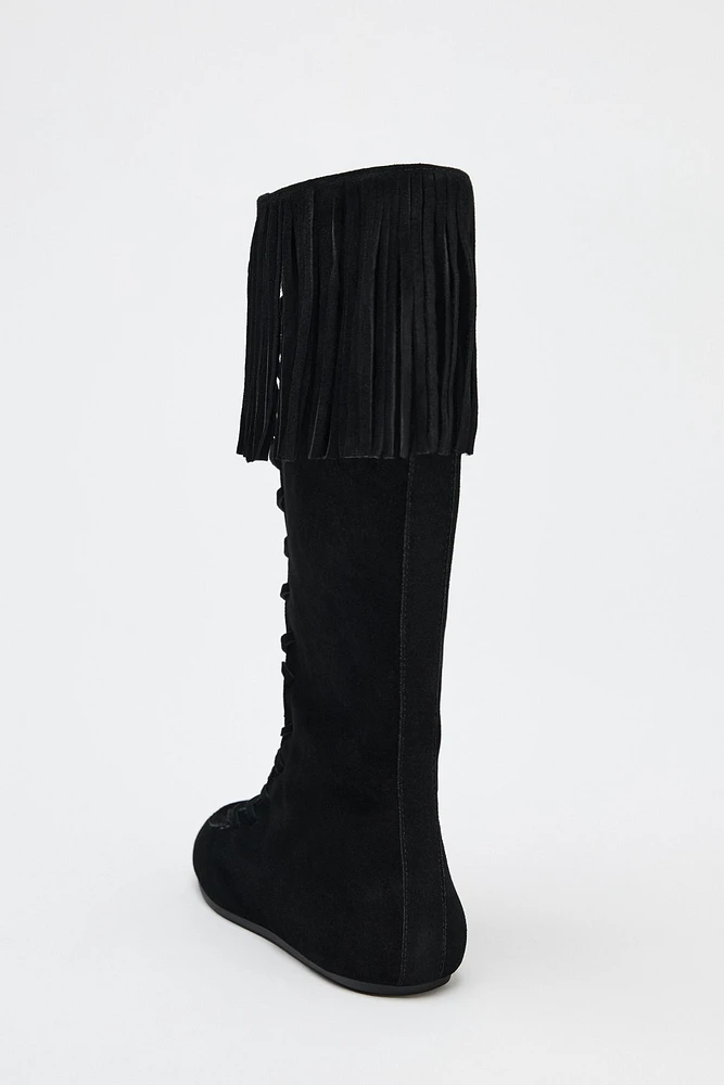 FRINGE LACE-UP SPLIT LEATHER BOOTS