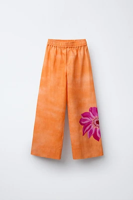 STRAIGHT LEG FLORAL LINEN PANTS